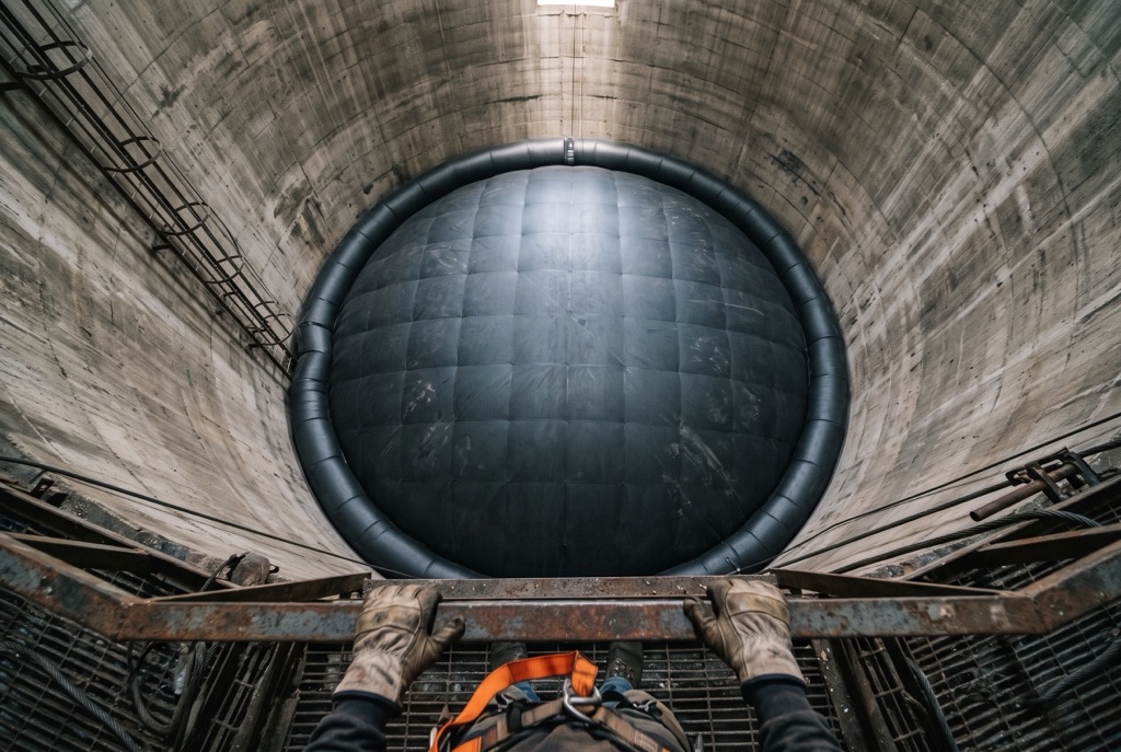 BAGJUMP inflatable impact cushion protecting the floor of an industrial silo during maintenance at height