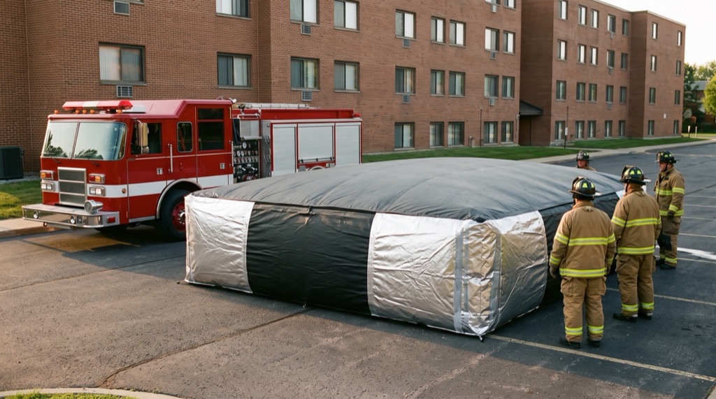Firefighters positioning an inflatable rescue jump cushion below the balconies of an apartment building